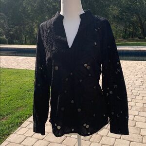 Adiva NWT Cotton Broderie Blouse Black Long Sleeve Vneck Floral Eyelet Detail Sm